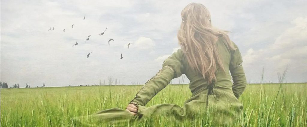 Woman walking through a grassy field with birds overhead, representing wellness education