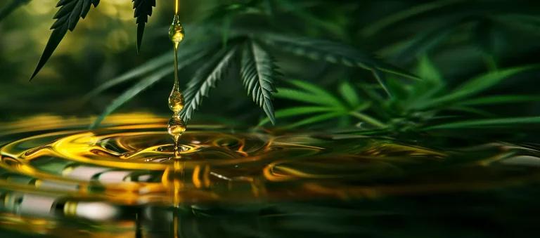 Golden cannabis oil dripping into water, symbolizing the PURE5 extraction process
